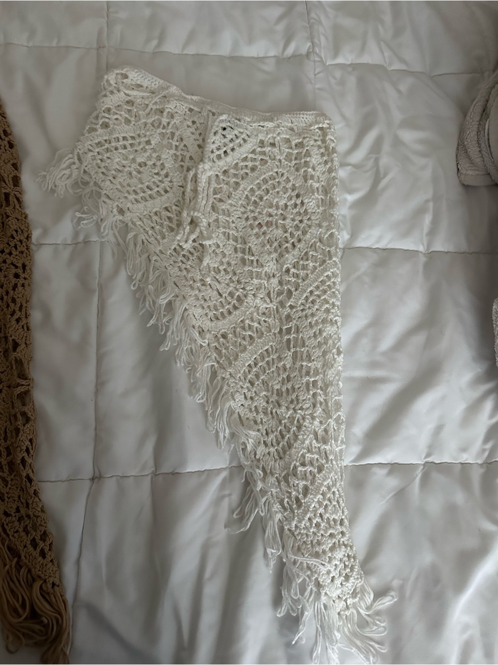 Cream Crochet Fringe Triangle Shawl